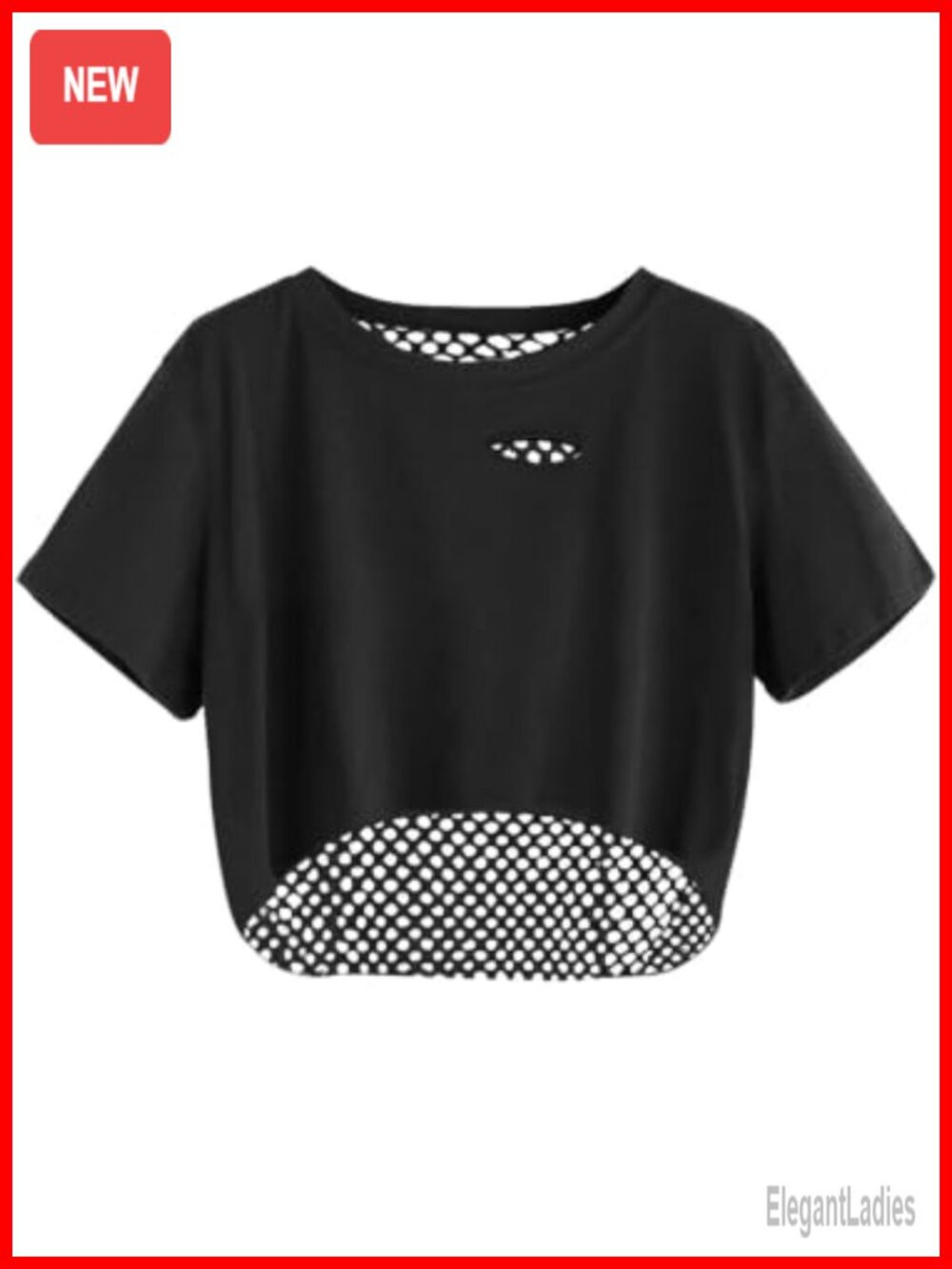 Remidoo Women Fishnet Crop Top Short Sleeve Cut Out Shirt